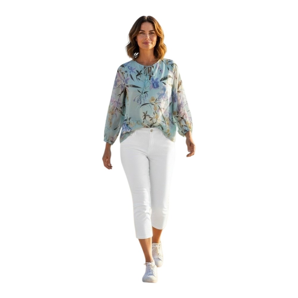 Tommy Bahama Women's M Blue Floral Silk Blend Long Sleeve Semi-Sheer Beach Top